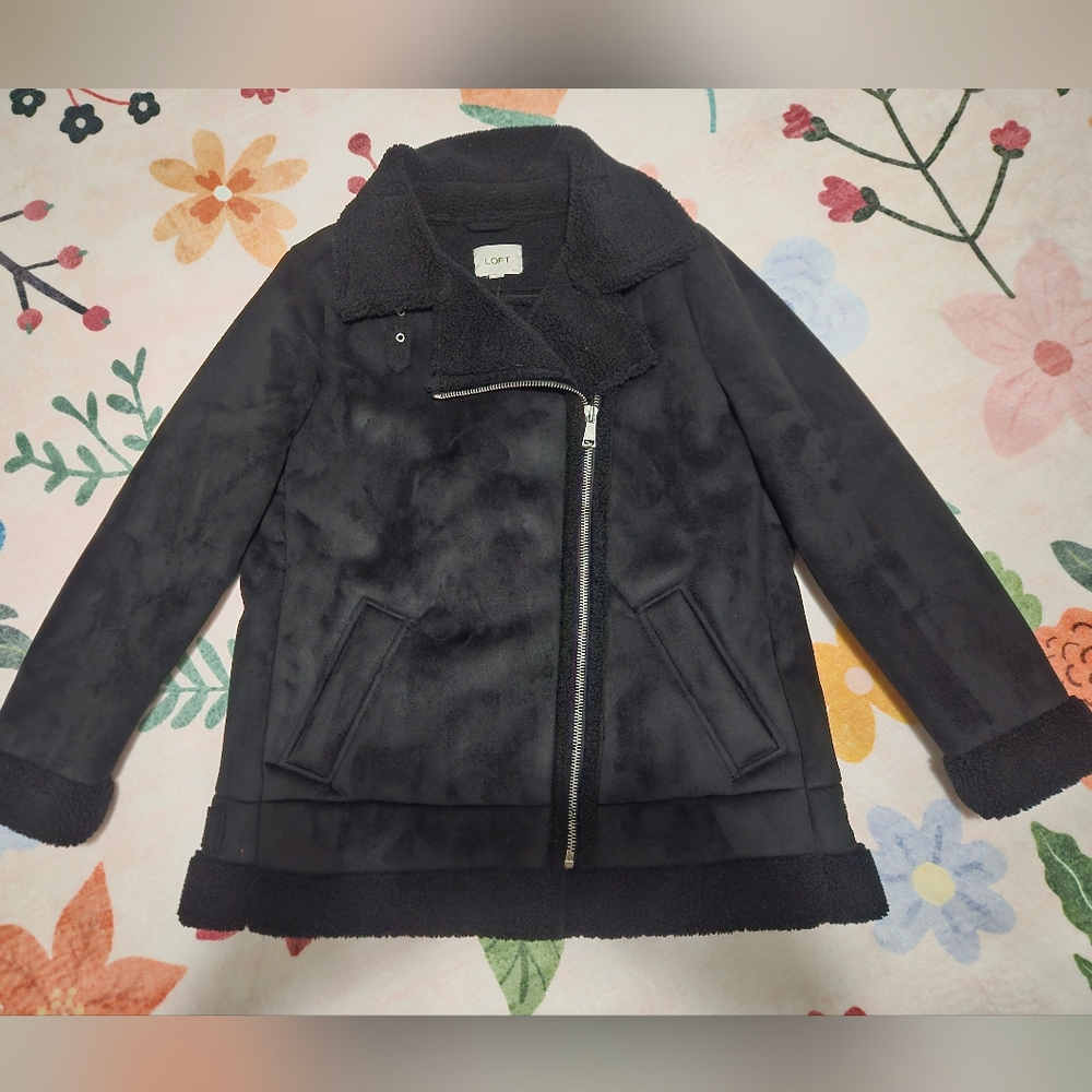 BRAND NEW LOFT Black Faux Fur Moto Sherpa Lined Jacket Size L